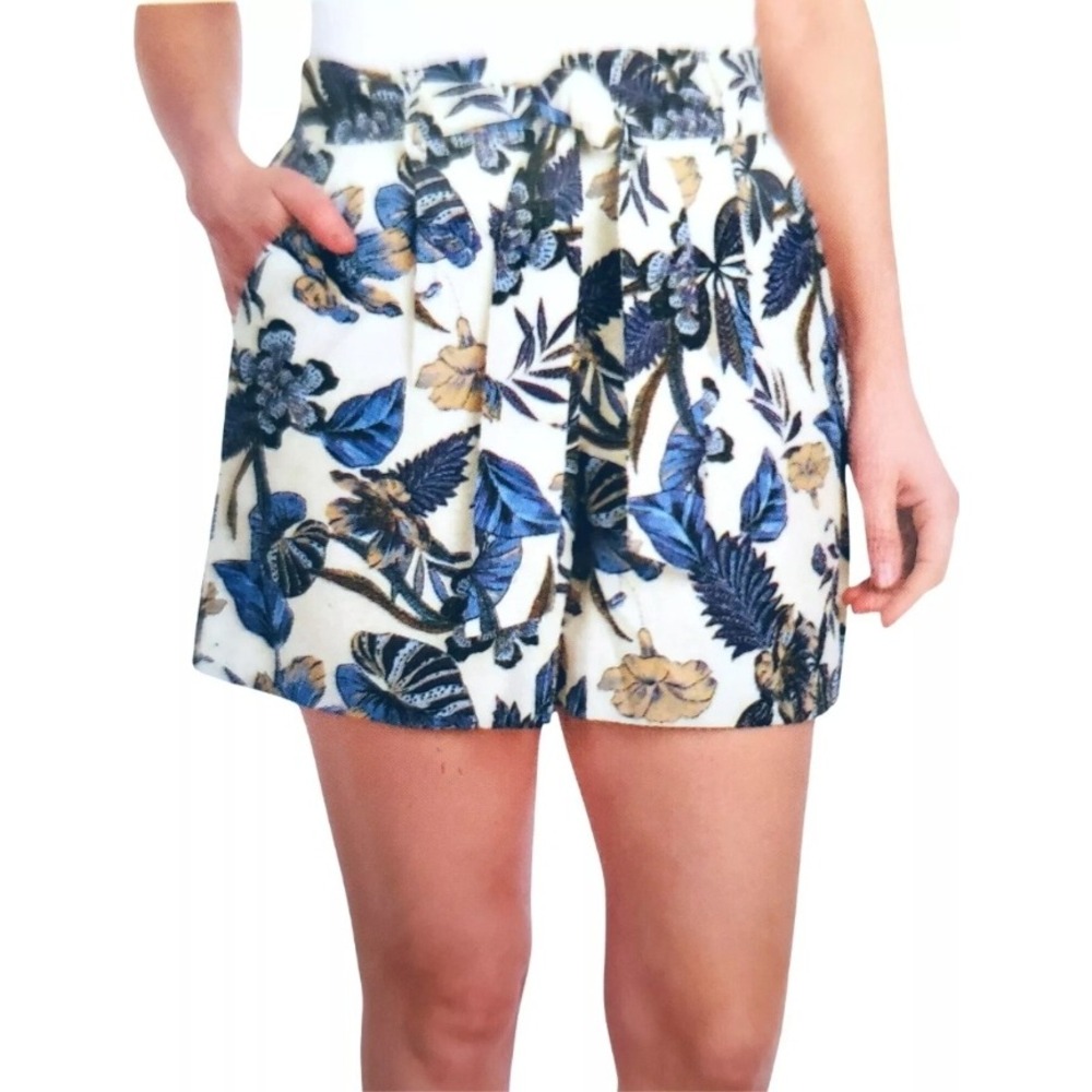Dalia Floral Print High Rise Shorts Linen Blend Tie Waist Blue Combo Large‎ NWT